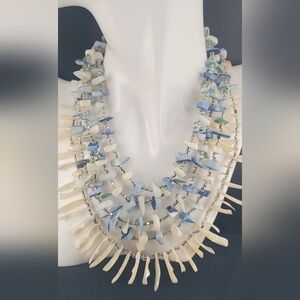 Vintage Japan Sea Shell Glass Bead Multi-Strand Bib Necklace Blue White